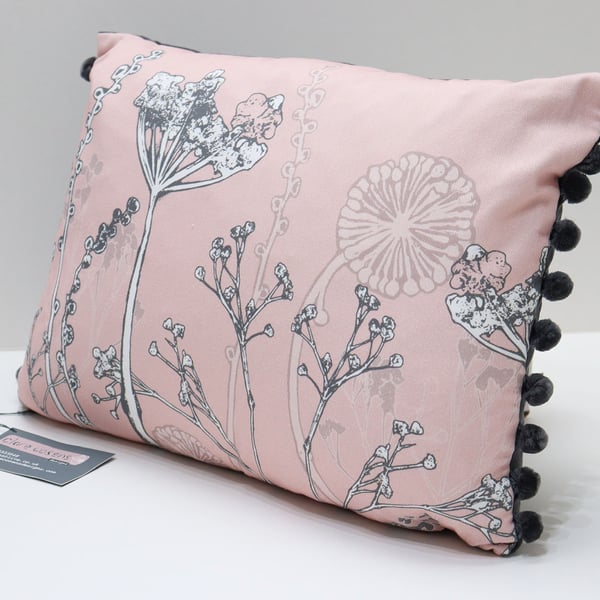 Rectangle Pom Pom Cushion in Pink Seedhead Fabric Design