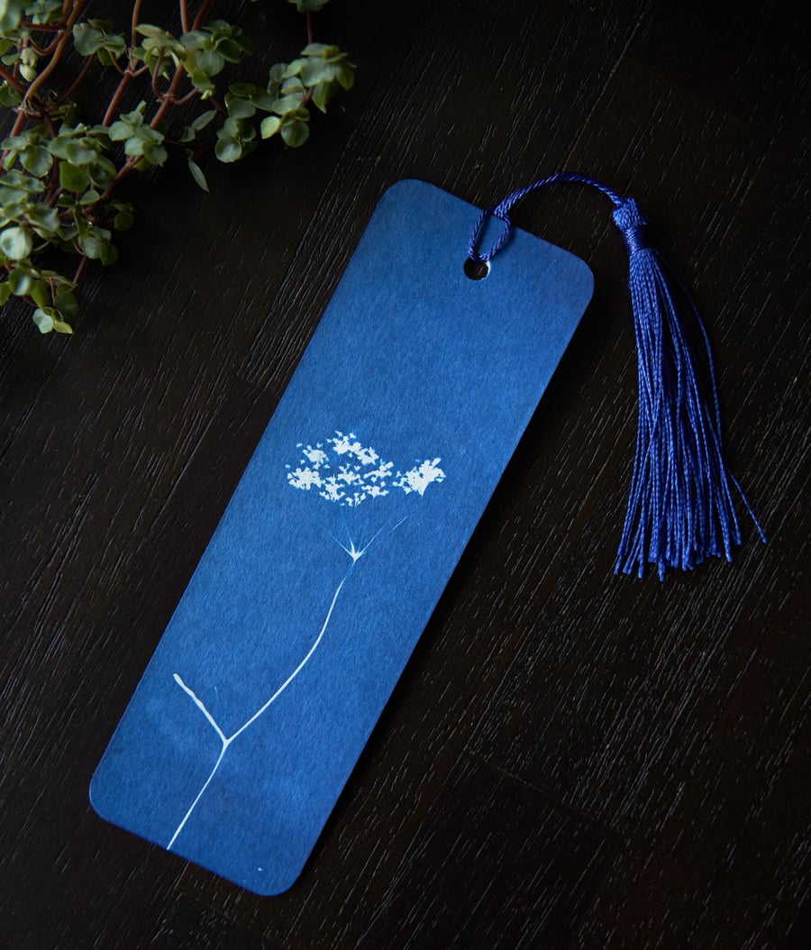 bookmark cowslip, original cyanotype on mixed-media paper, blue tassel