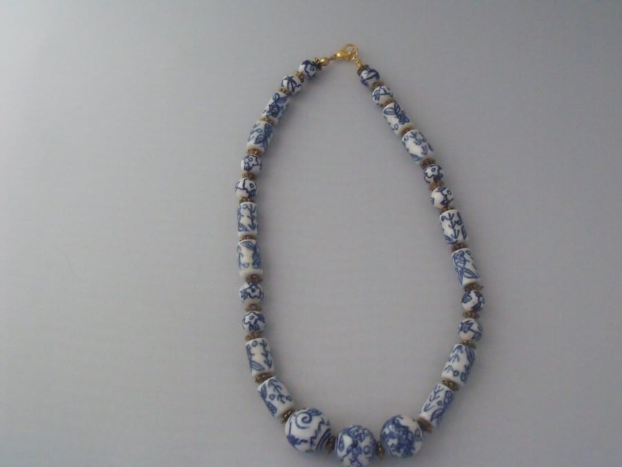 Blue and White Ceramic Beaded Necklace