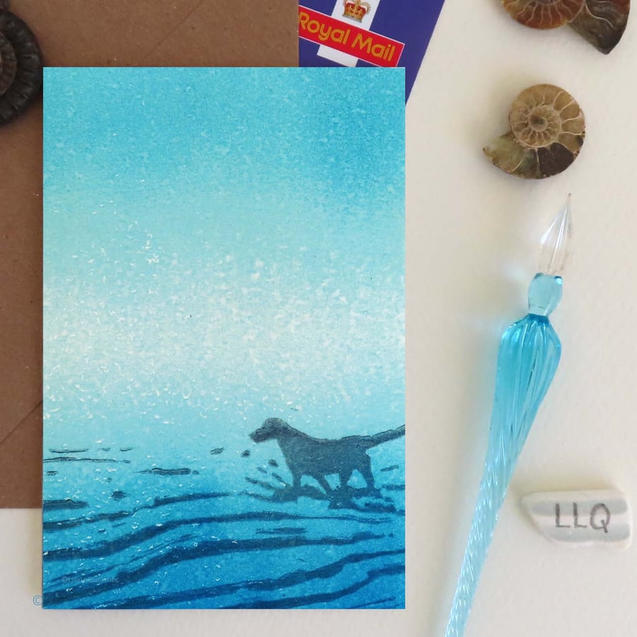 Moonlit walkies II art card artist card beach walk dog walking cello free