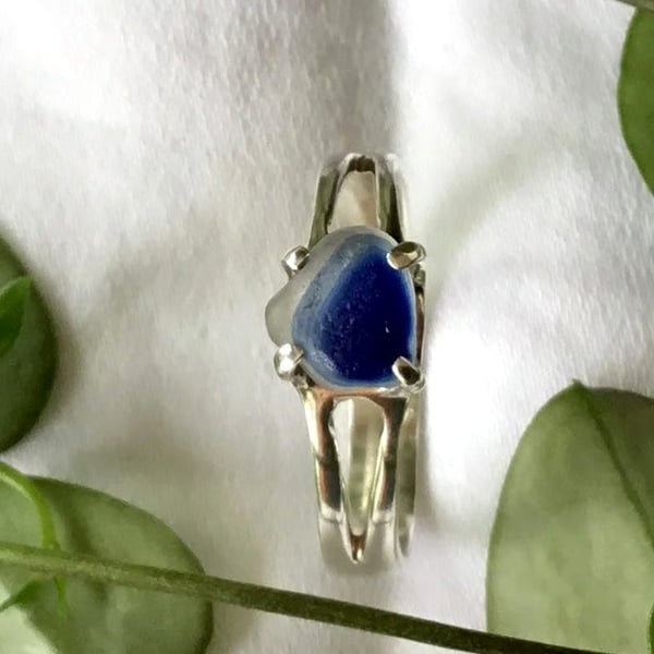 Rare Blue and White Seaham Multi Sea Glass Ring in Sterling Silver.