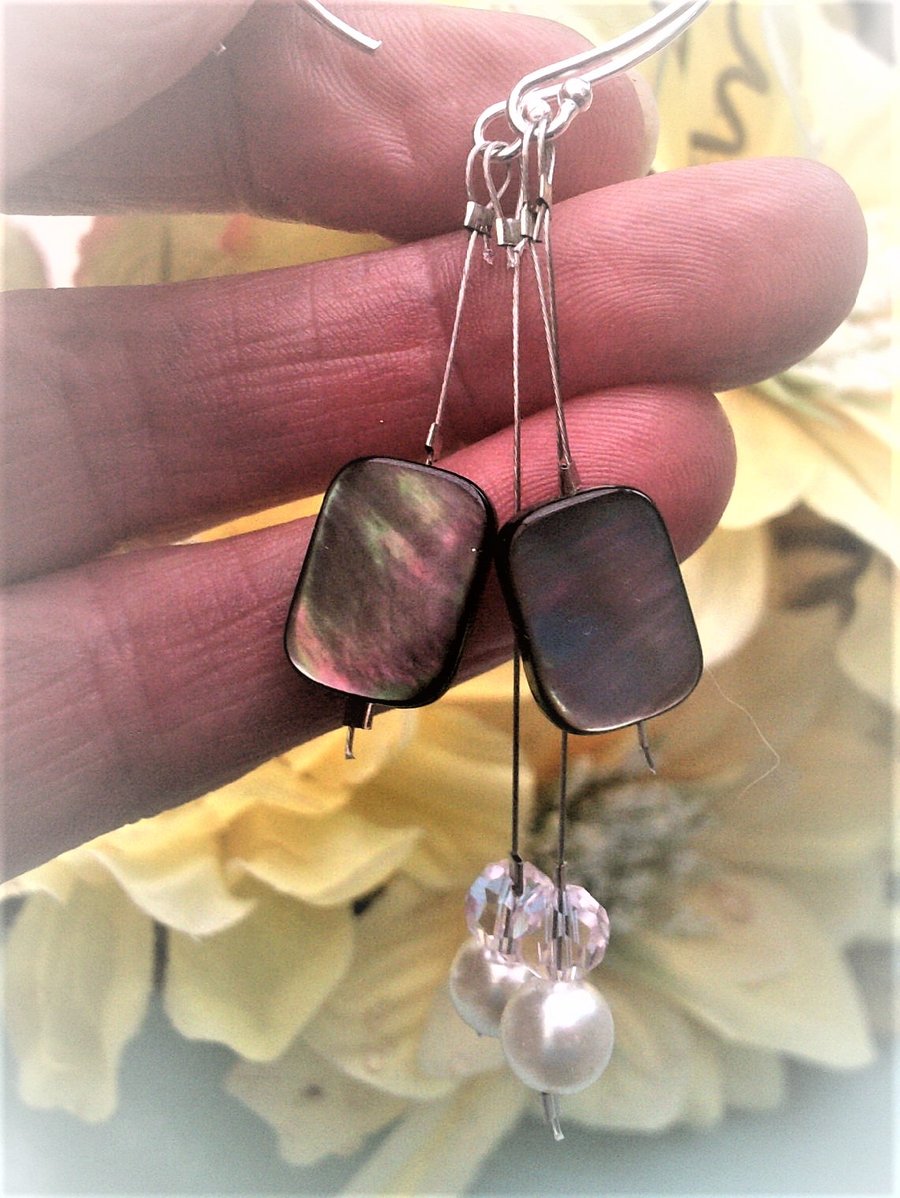 Grey Mother of Pearl Sterling Silver Dangle Hoop Earrings, Shell Jewellery