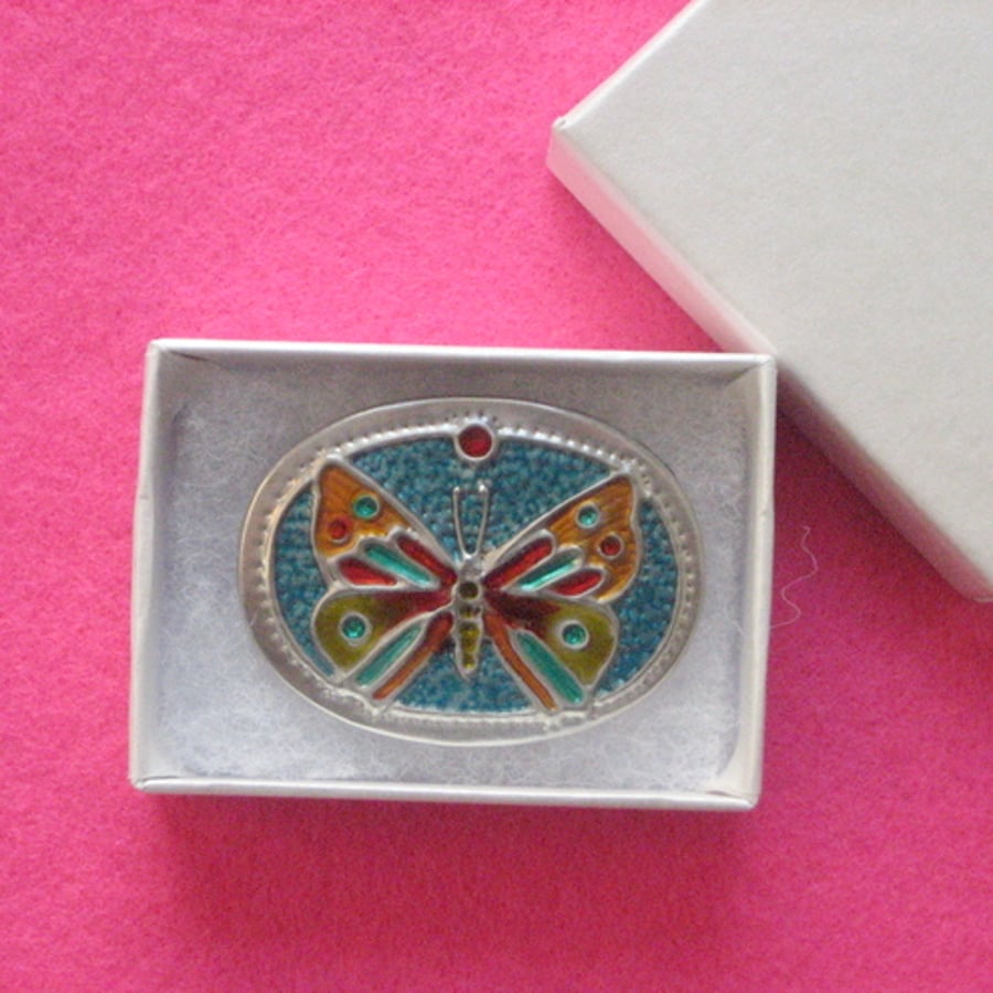 Butterfly brooch in pewter and enamel