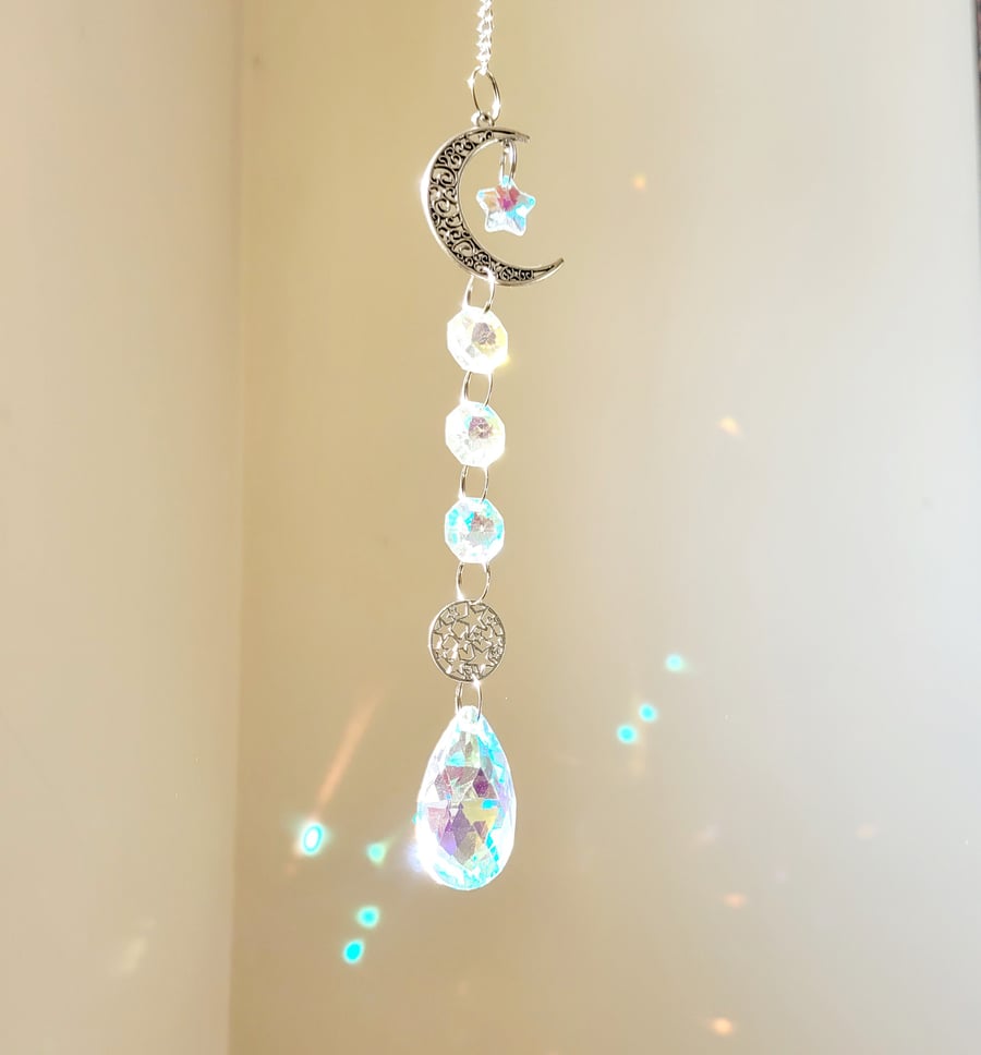 Moon and star suncatcher, lunar suncatcher rainbow maker window prism