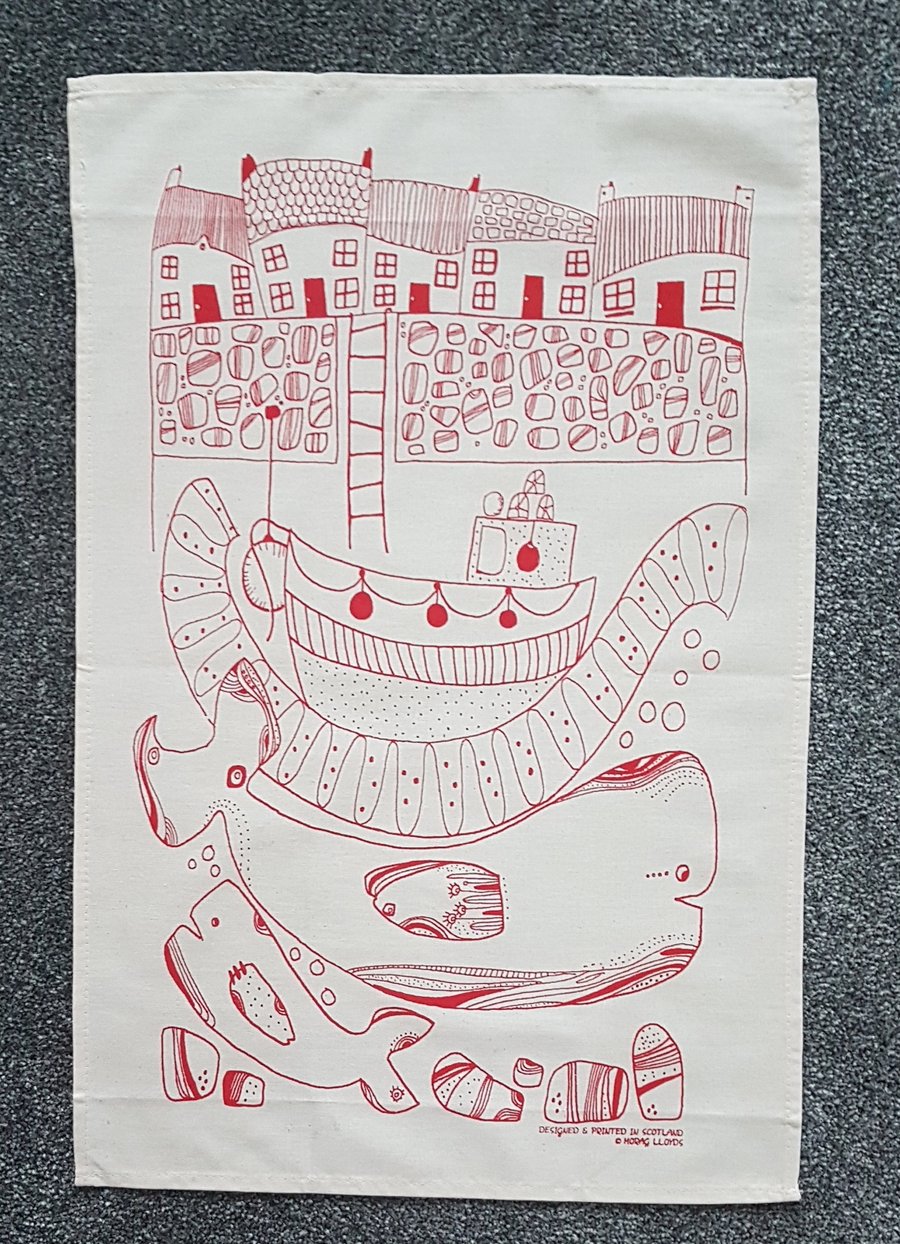 Tea towel with Whales Red