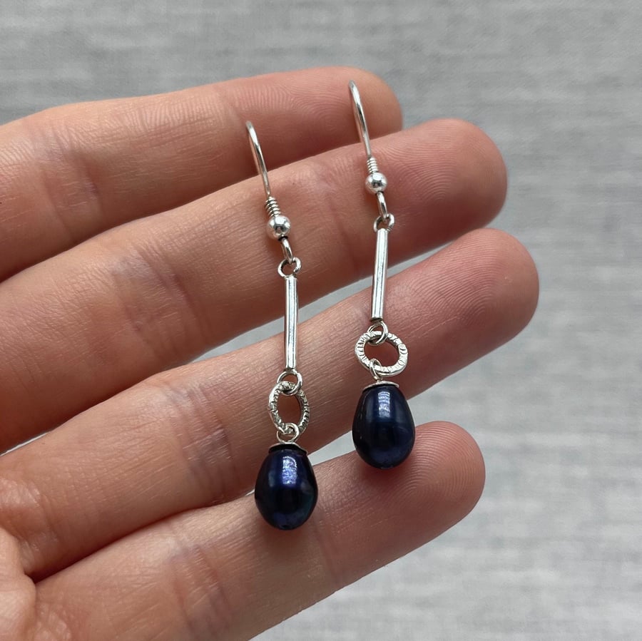 Petrol Blue Pearl Texture Drop Earrings - Handmade, Sterling `Silver