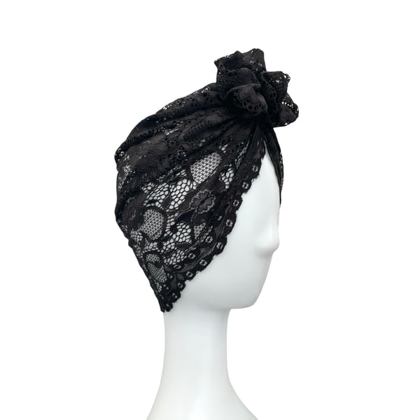 Black Stretchy Lightweight Soft Lace Rosette Knot Turban Hat for Women 