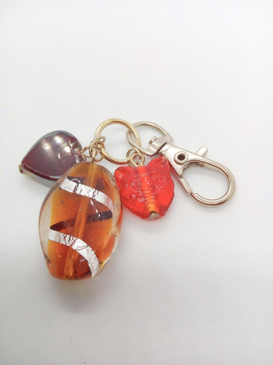 Brown Glass and Cat Bead and Ceramic Heart Bag Charm