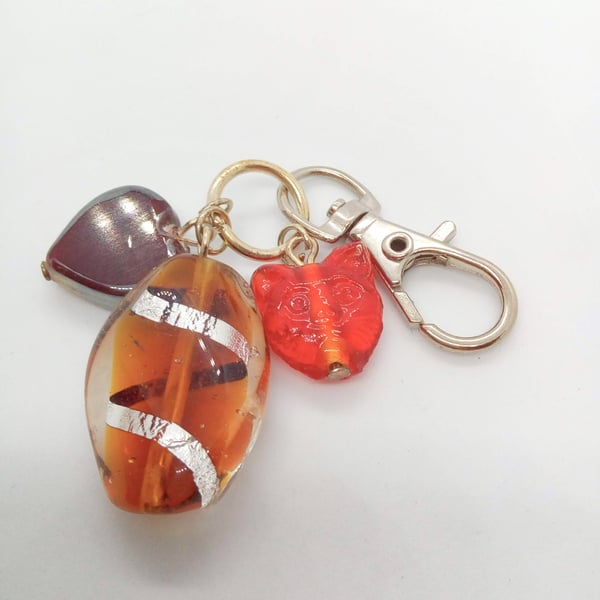 Brown Glass and Cat Bead and Ceramic Heart Bag Charm