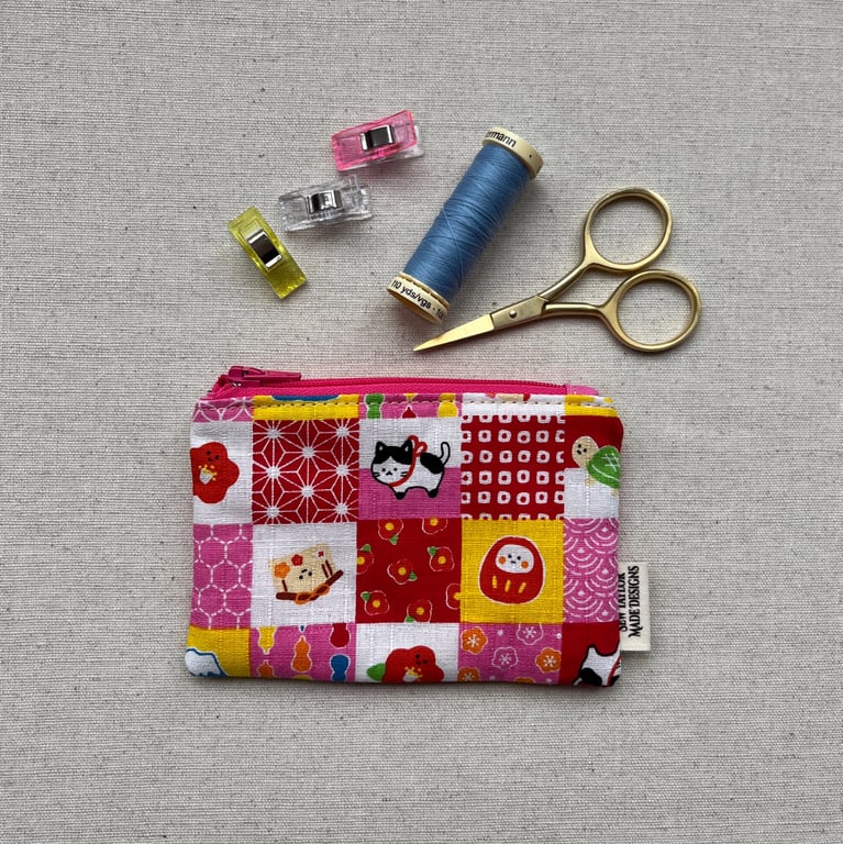 Coin Purse, Zippered Card Purse Japanese Fabric Kawaii Patchwork Cats Turtles