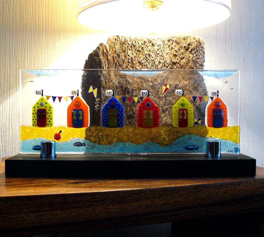 UNIQUE: Handmade Fused Glass 'Beach Huts' Picture.
