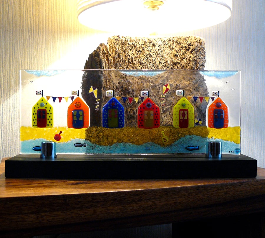 UNIQUE Handmade Fused Glass 'Beach Huts' Picture. Folksy