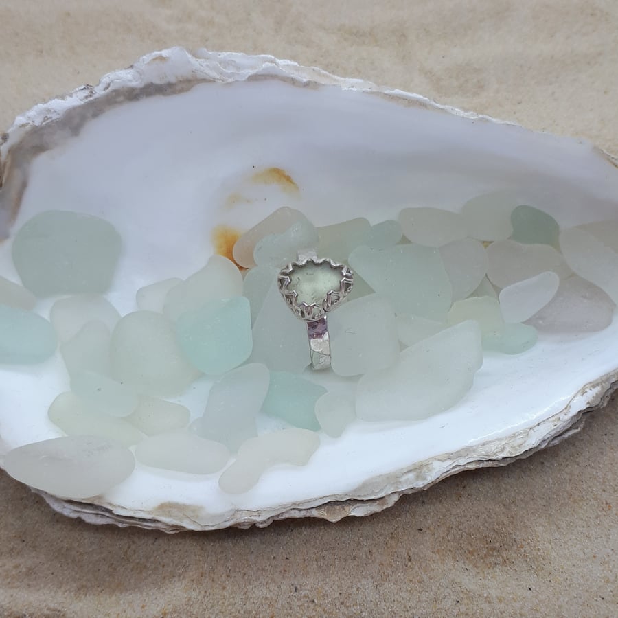 Soft UV green sea glass ring SG3