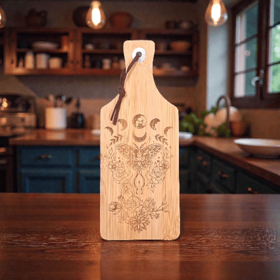 Spiritual Butterfly Bamboo Board with Moon Phases, Hand Engraved Floral Design 