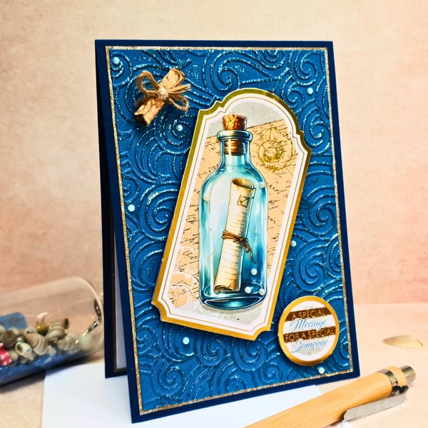 Message in a bottle card for many occasions in Navy Blue, For A Special Someone