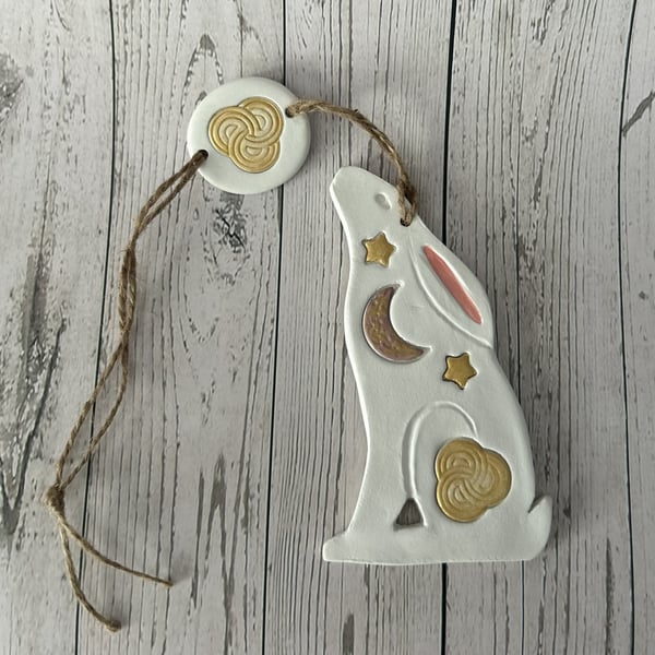 Celtic Moon Clay Hare Wall Hanging with Moon Gazing Hare Design