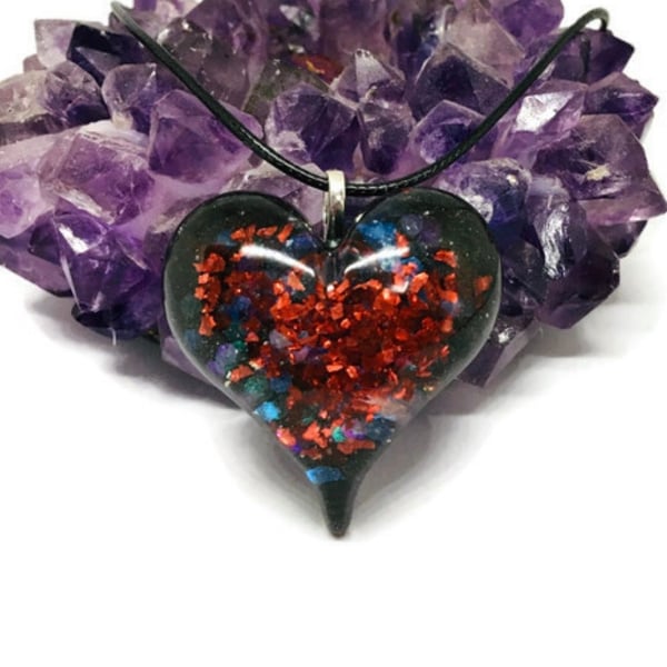 Black and red sparkly puffy heart statement pendant with black cord chain.