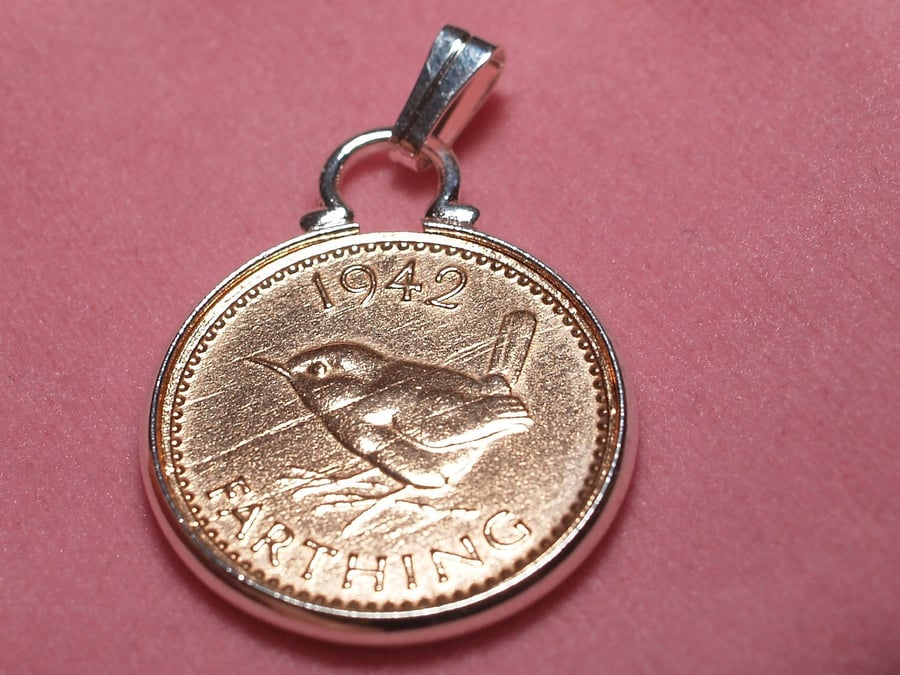 1942 79th Birthday Anniversary Farthing coin in a Silver Plated Pendant mount