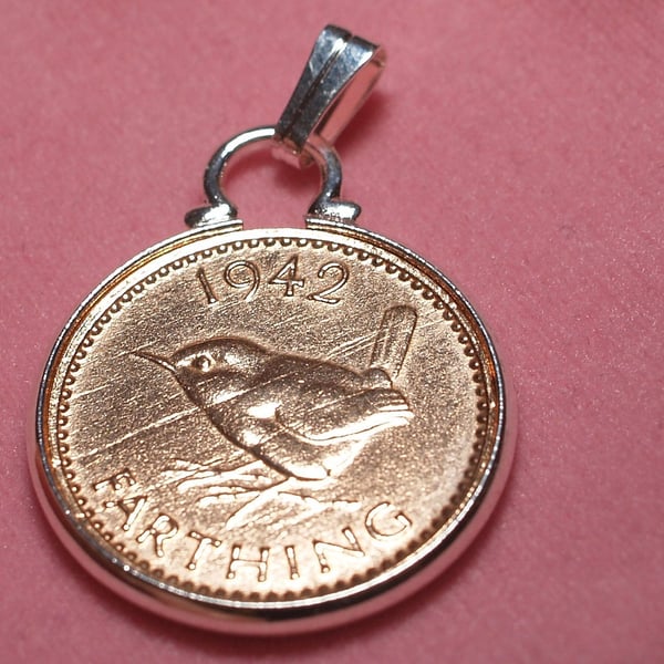 1942 79th Birthday Anniversary Farthing coin in a Silver Plated Pendant mount