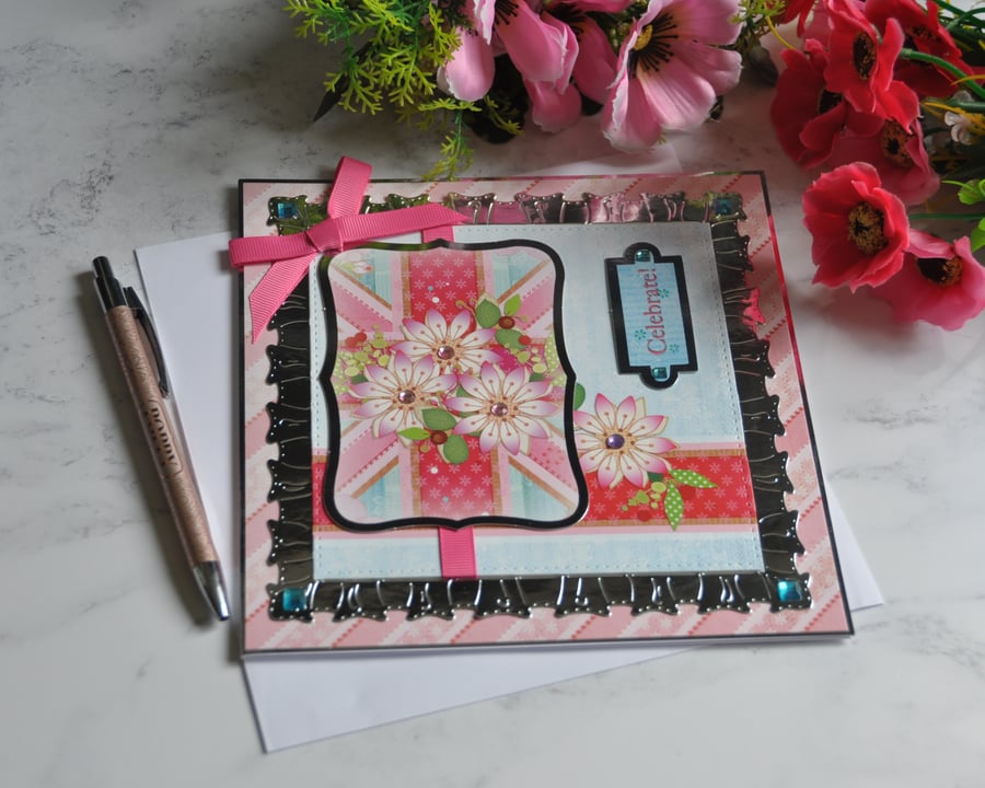 70th Jubilee 3D Luxury Handmade Card Celebrate Flowers Union Flag Floral Display