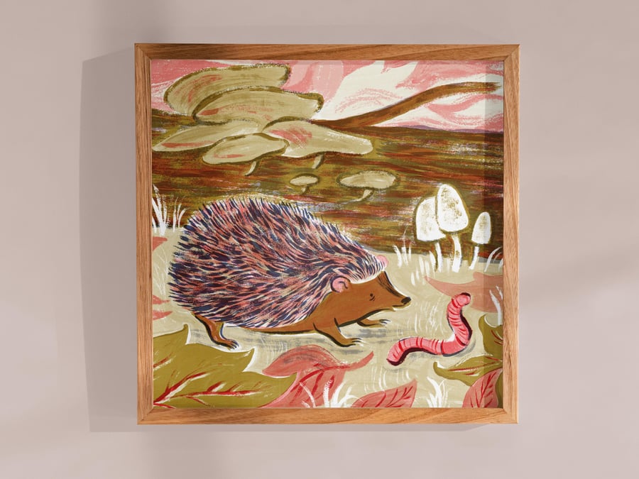 Hedgehog & Worm Art Print: Autumnal Forest Illustration