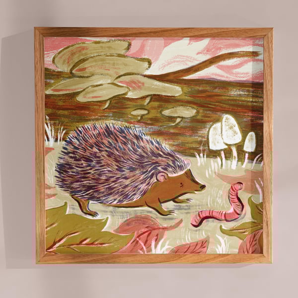 Hedgehog & Worm Art Print: Autumnal Forest Illustration
