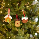 Festive felt decoration trio, Gingerbread house, Reindeer, Pudding