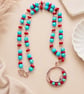 Handmade Copper Wire Wrap Pendant Necklace-Blue Howlite Red Bamboo Coral