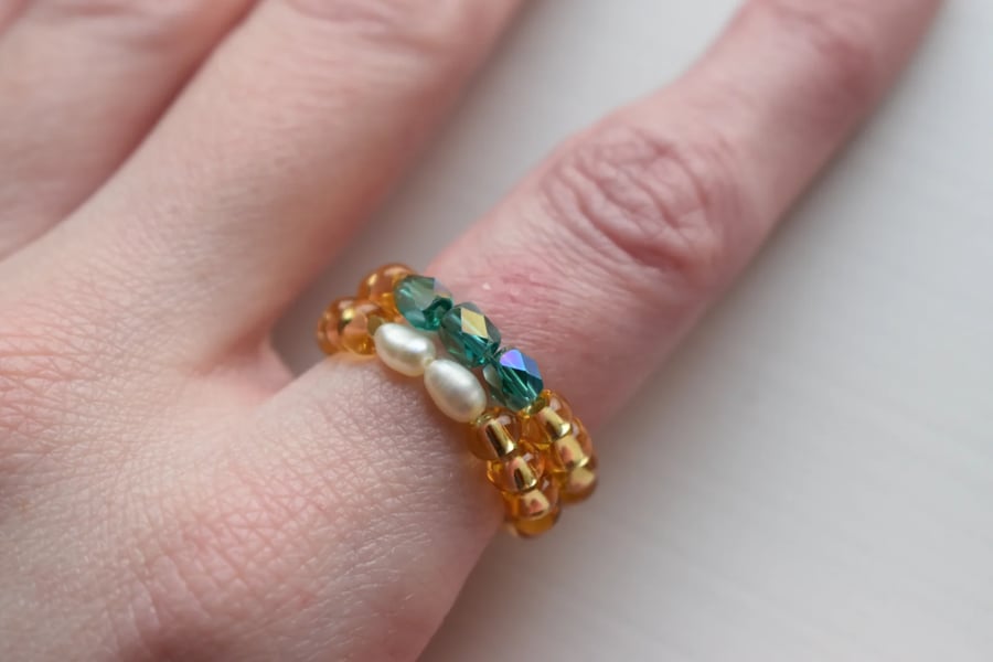 Stackable Two-Ring Set - Beaded Rings with Freshwater Pearl & Green Glass