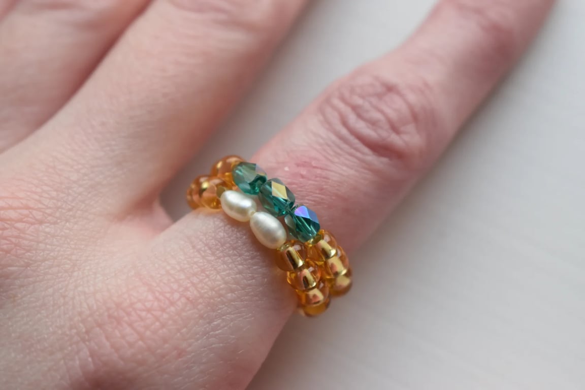 Stackable Two-Ring Set - Beaded Rings with Freshwater Pearl & Green Glass