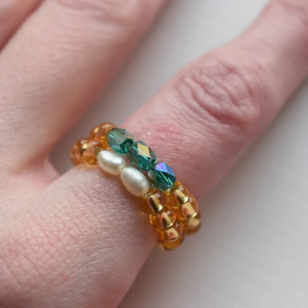 Stackable Two-Ring Set - Beaded Rings with Freshwater Pearl & Green Glass