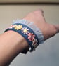 Upcycled Denim Cuff Bracelet with Pastel Floral Appliqué Ribbon - Free Postage - Image 7