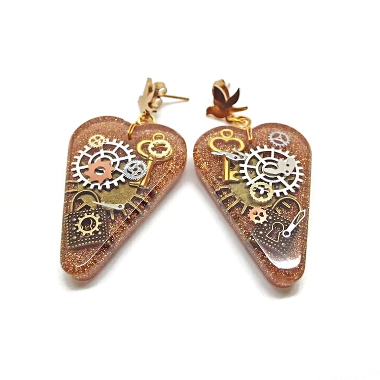 Steampunk Heart Holographic Gold Glitter Earrings
