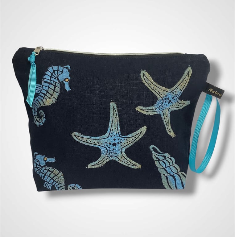 Navy Blue Sea Shells Linen Makeup Bag