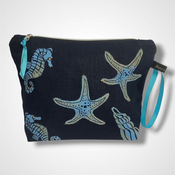 Navy Blue Sea Shells Linen Makeup Bag