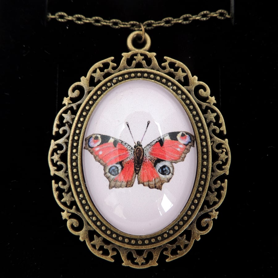 Peacock Butterfly Pendant Necklace - Fancy Bronze Style