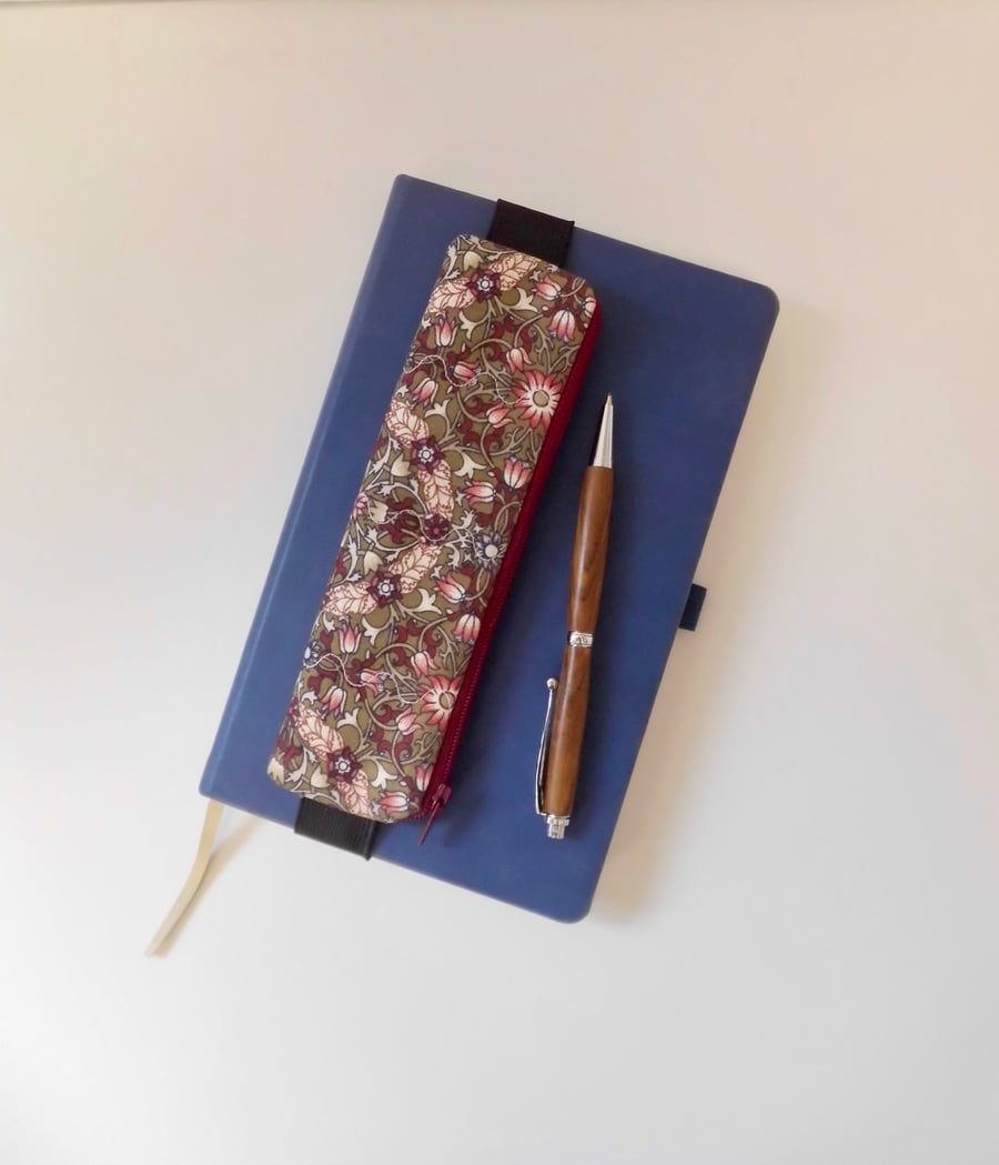  Elasticated pencil case for cover of book diary journal William Morris burgundy