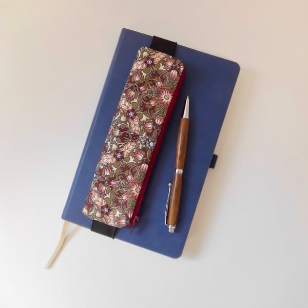  Elasticated pencil case for cover of book diary journal William Morris burgundy