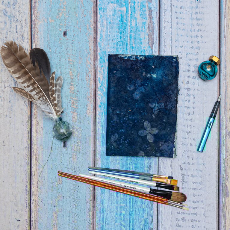 A5 Handmade Artists’ Sketchbook, Handmade Paper, Cyanotype Hydrangeas, Folksy102