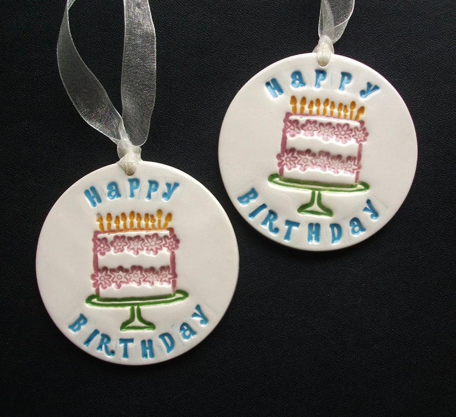 Ceramic Happy Birthday decoration.