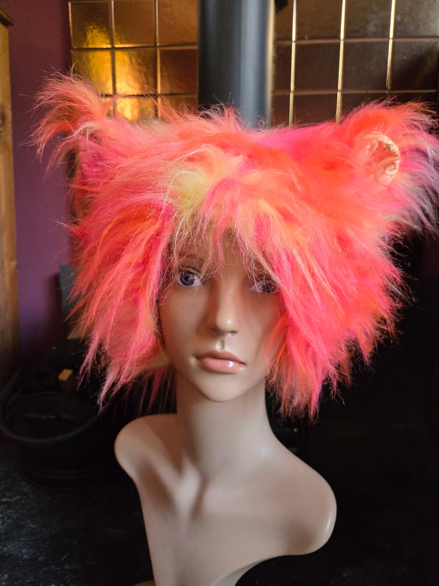 Psychedelic Rave Punk Shaggy Long Faux Fur Ears Hat Pink Yellow One of a Kind