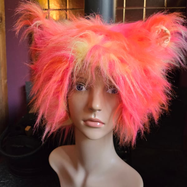 Psychedelic Rave Punk Shaggy Long Faux Fur Ears Hat Pink Yellow One of a Kind