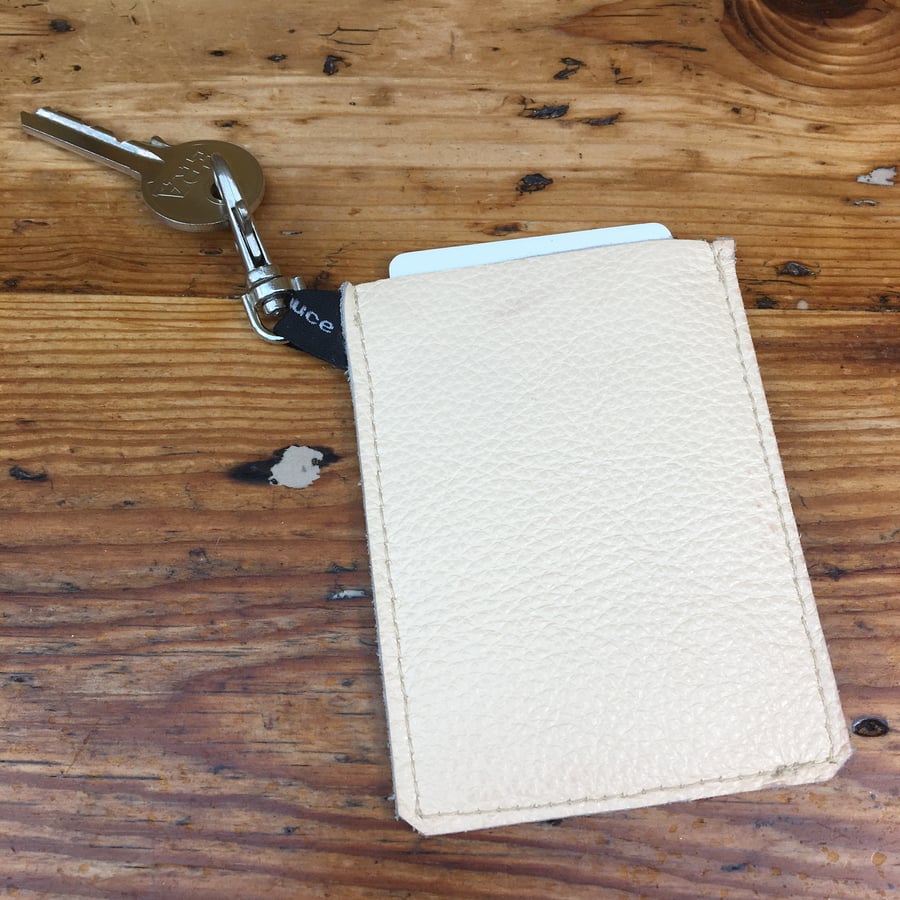 Card holder, travel card cover with key clip - Cream & brown leather