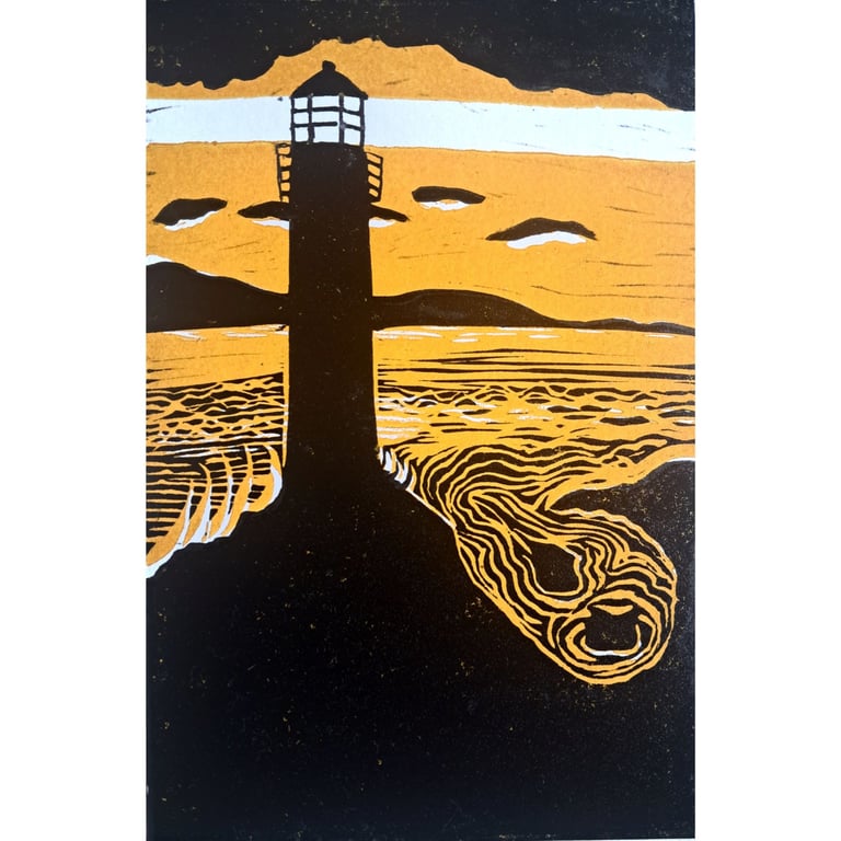 Lighthouse Keeper - an original artwork, handmade and printed linocut on card
