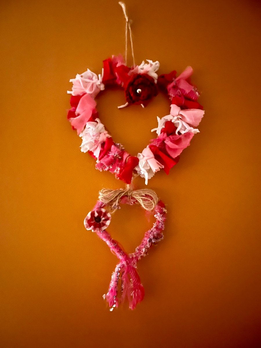 Double Rag Wreath Heart with Rose Accent Wall Hanging, Love Heart, Mother’s Day