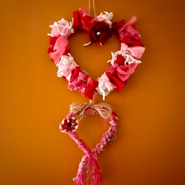 Double Rag Wreath Heart with Rose Accent Wall Hanging, Love Heart, Mother’s Day