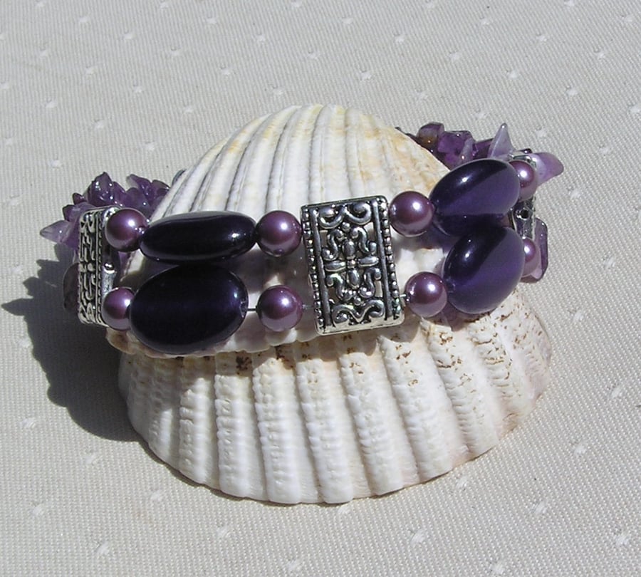 Amethyst & Purple Shell Pearl Chunky Gemstone Crystal Bracelet "Velvet Dusk"