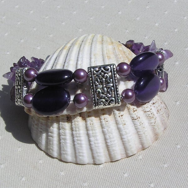 Amethyst & Purple Shell Pearl Chunky Gemstone Crystal Bracelet "Velvet Dusk"