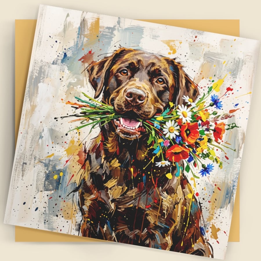 Dog with Flowers – Coloursplash Square Greeting Card