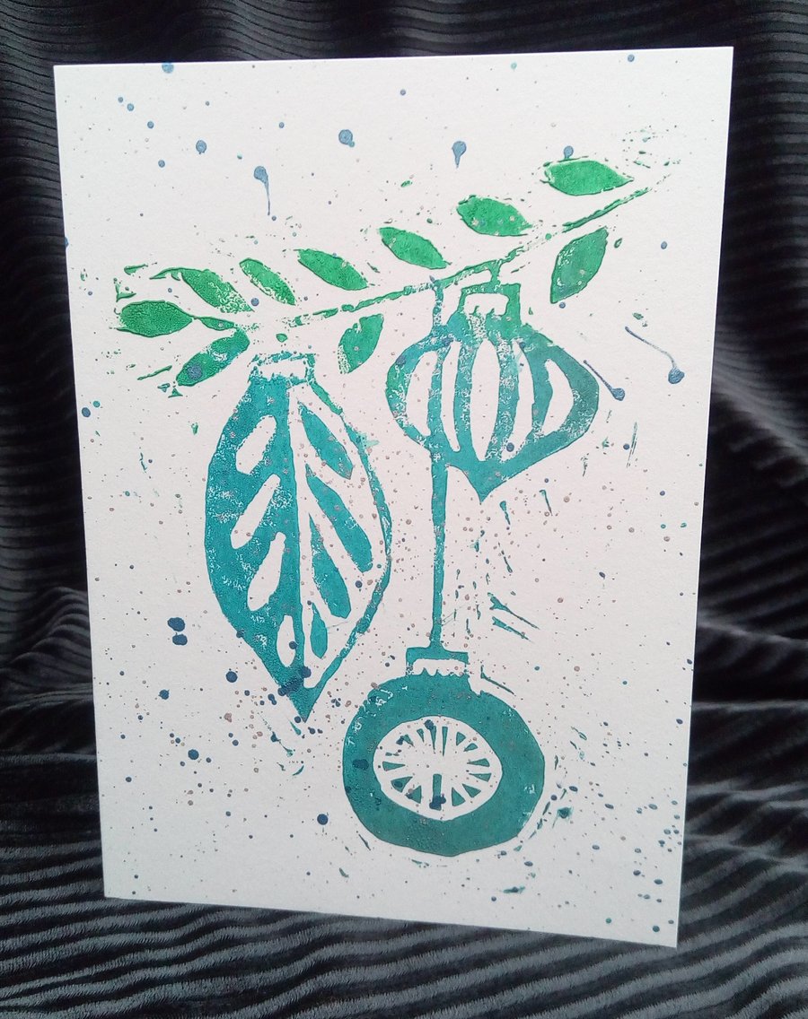 Hand-Printed Lino Cut Christmas Card - Baubles Design